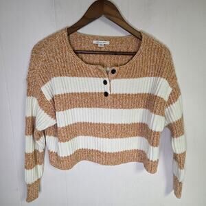 American Eagle Sweater Crewneck Cropped Yellow And White Buttons Size Small